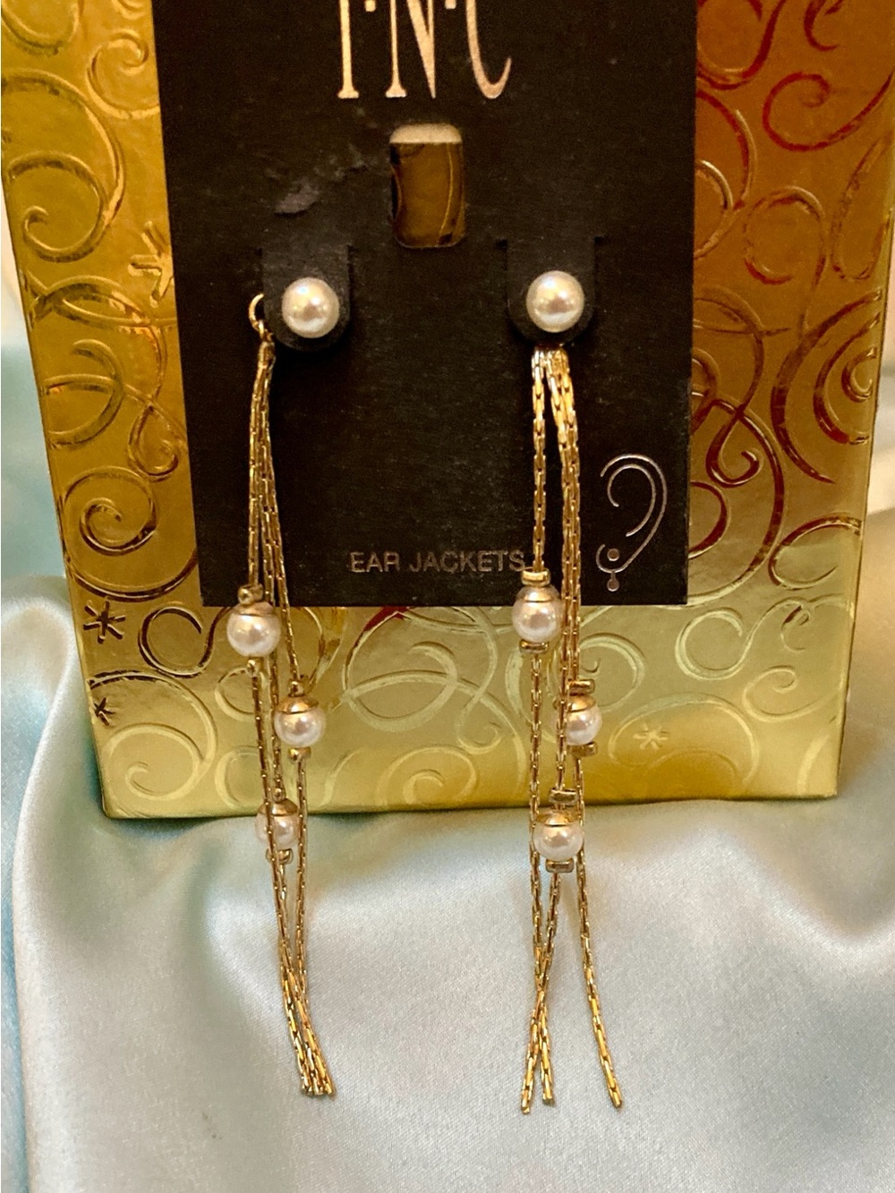 INC Jacket Pearl Drop Earrings Chain Tassels New